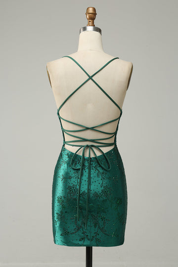 Mörkgrön Pärlad Bodycon Kort Balklänning Med Criss Cross Back